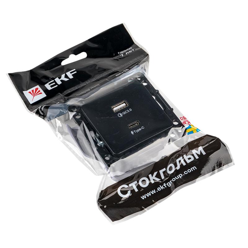 Стокгольм Механизм Розетки с 2USB type-A + type-C черный PROxima | EZR-2USB-type-C | EKF — миниатюра 2