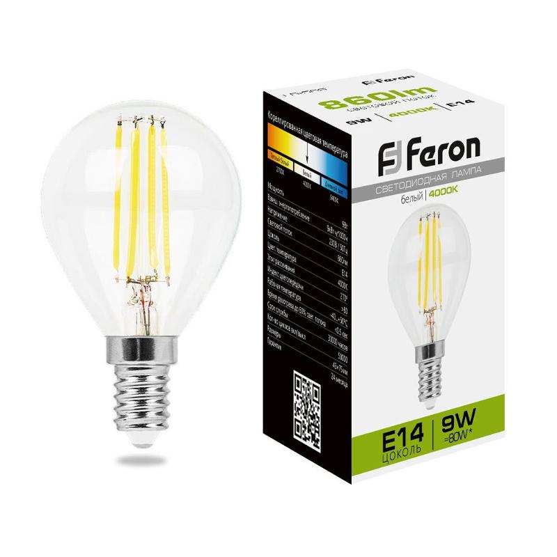 Лампа светодиодная LB-509 (9W) 230V E14 4000K филамент G45 прозрачная | 38002 | FERON — Feron