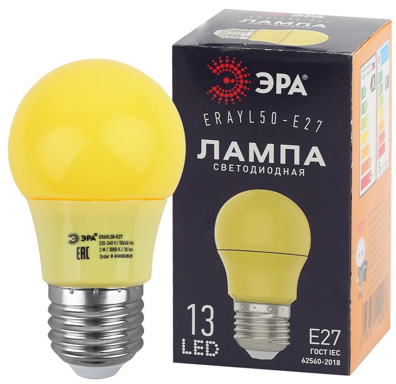 Лампы cветодиодные ERAYL50-E27 LED A50-3W-E27 (диод. груша желт., 13SMD, 3W, E27, для белт-лайт) (10/100/3600) | Б0049581 | ЭРА — ЭРА (Энергия света)