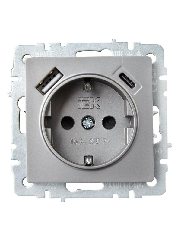 BRITE Розетка с заземлением со шторками 16А с USB A+C 18Вт РЮш11-1-БрС сталь | BR-R14-16-U22-018-K46 | IEK — миниатюра 2
