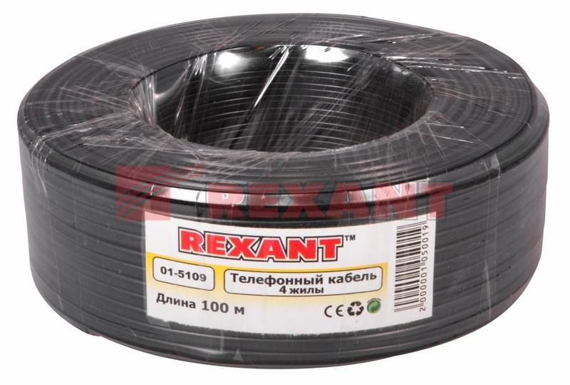 Телефонный кабель ШТЛП 4 жилы Cu, черный, бухта 100м | 01-5109 | REXANT — миниатюра 2