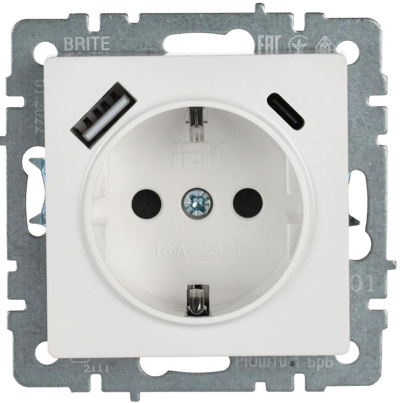 BRITE Розетка с заземлением со шторками 16А с USB A+C 18Вт РЮш11-1-БрБ белый | BR-R14-16-U22-018-K01 | IEK — миниатюра 3