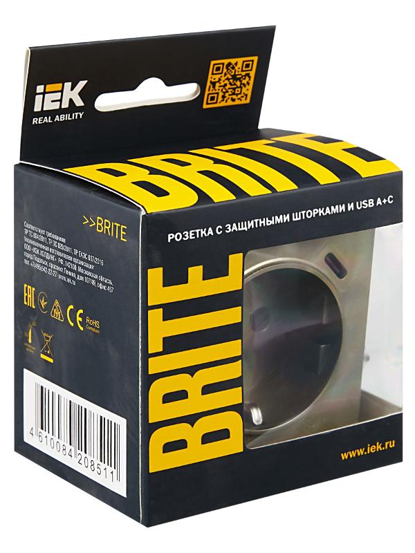 BRITE Розетка с заземлением со шторками 16А с USB A+C 18Вт РЮш11-1-БрШ шампань | BR-R14-16-U22-018-K37 | IEK — миниатюра 8