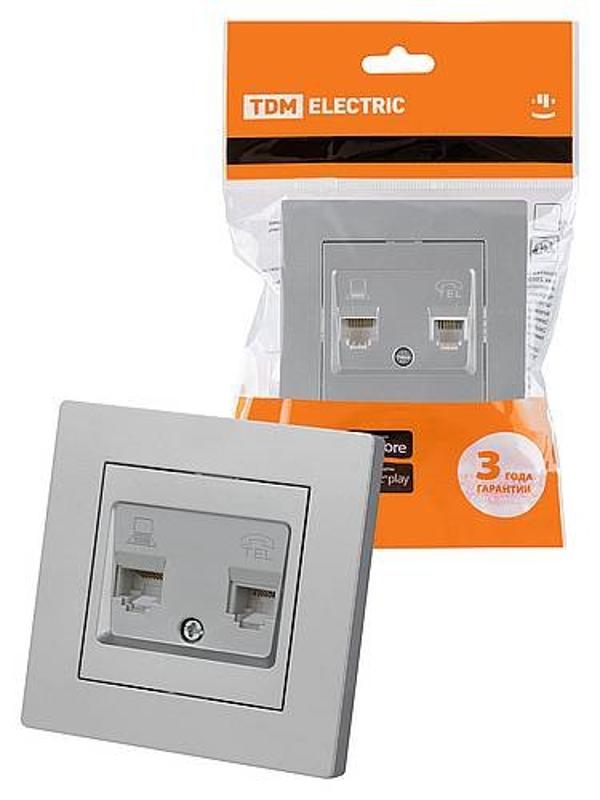 Розетка телефонная RJ11 + компьютерная RJ45 серебр. металлик "Сенеж"  | SQ1816-0248 | TDM — TDM ELECTRIC