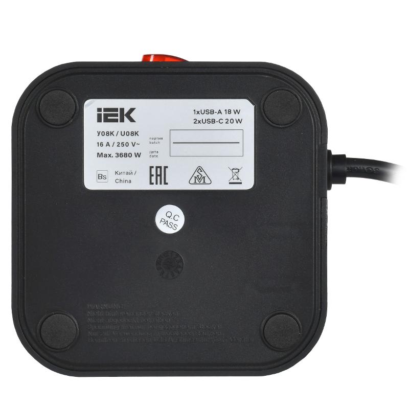 DOMINIC Удлинитель У08K 1,5м 3х1мм2 USB A+C 20Вт чер | DN-YP30-16-08-01-ZKU-K02 | IEK — миниатюра 5