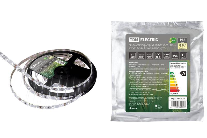 Лента светодиодная SMD5050-60 LED/м- IP65-12 В-14,4 Вт/м-3000 К (5 м) | SQ0331-0321 | TDM — фото 1 | Sento