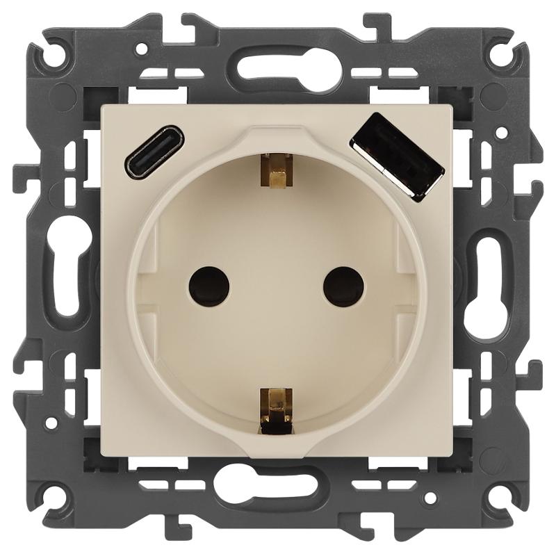 Розетка Elegance 14-4108-02 2P+E 16A-250В со шторками с USB type-A+C 5В-3А слоновая кость | Б0067725 | ЭРА — миниатюра 1