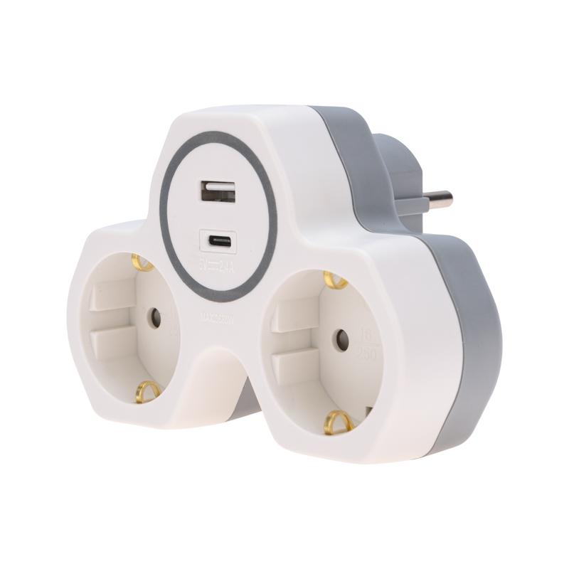 Двойник электрический (разветвитель) 16А с/з + USB-A + USB-C с защитными шторками, белый | 11-1253 | REXANT — REXANT