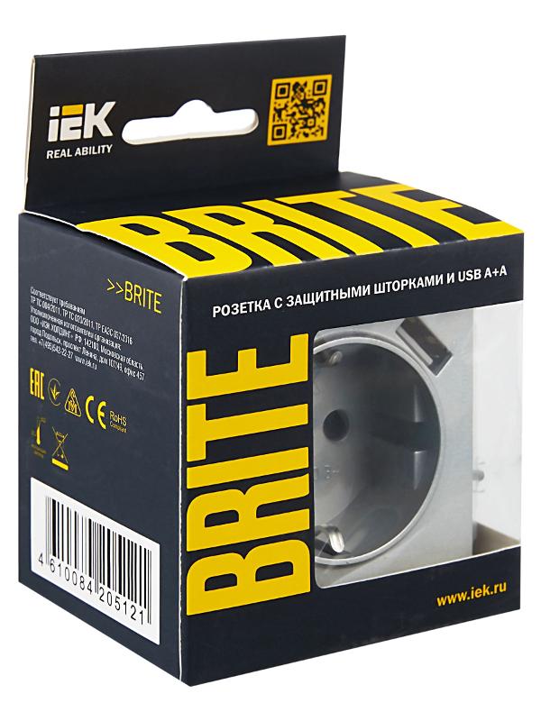 BRITE Розетка с заземлением со шторками 16А с USB A+A 3,1А РЮш10-2-БрА алюминий | BR-R14-16-U21-D31-K47 | IEK — миниатюра 6