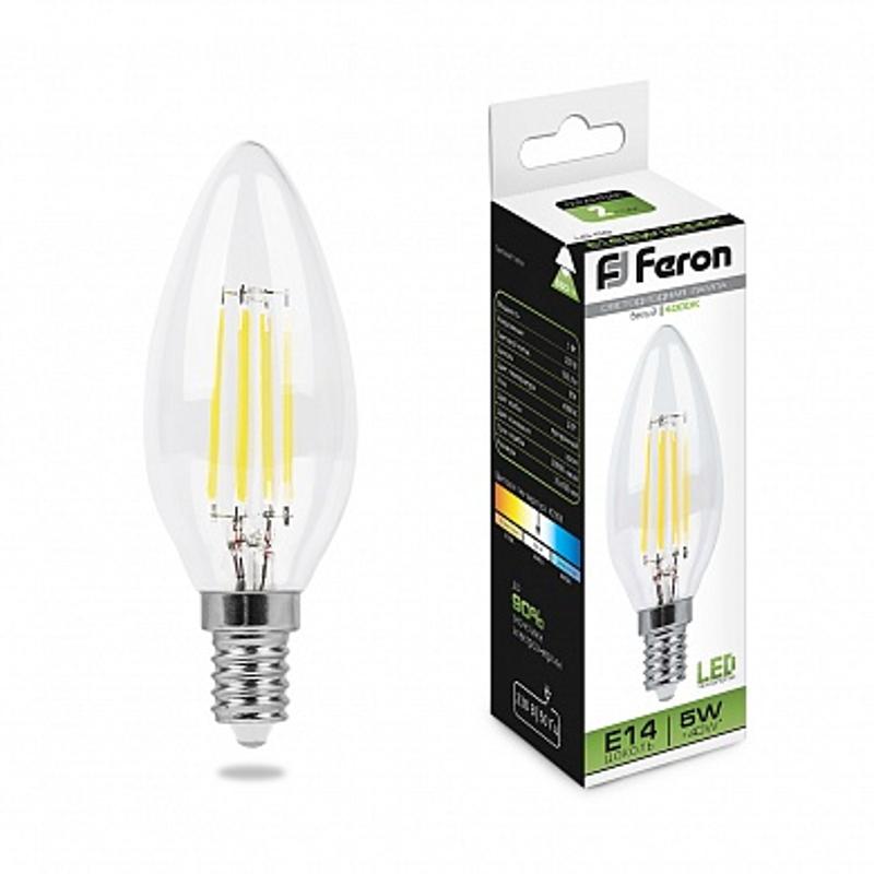 Лампа светодиодная LB-58 (5W) 230V E14 4000K филамент C35 прозрачная | 25573 | FERON — миниатюра 1