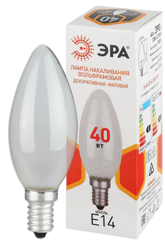 Лампа накаливания  B36 40Вт Е14 / E14 230В  свечка матовая | Б0066378 | ЭРА — ЭРА (Энергия света)