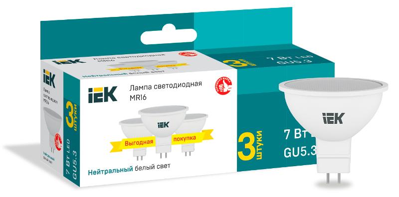 Лампа светодиодная LED MR16 софит 7Вт 230В 4000К GU5,3 (3шт/упак) | LLE-MR16-07-230-40-GU5-3 | IEK — IEK (ИЭК)