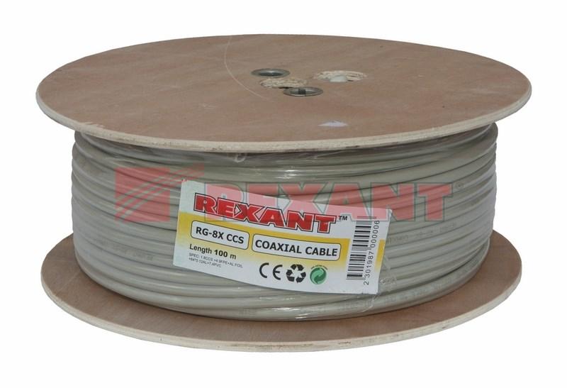 Кабель коаксиальный RG-8X, 50 Ом, CCS/Al/A, 75%, бухта 100 м, серый | 01-2021 | REXANT — миниатюра 2