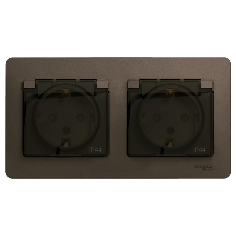 Glossa Шоколад Розетка 2-ая с з/к, со шторками (в сборе), IP44 | GSL000847 | SE — Systeme Electric