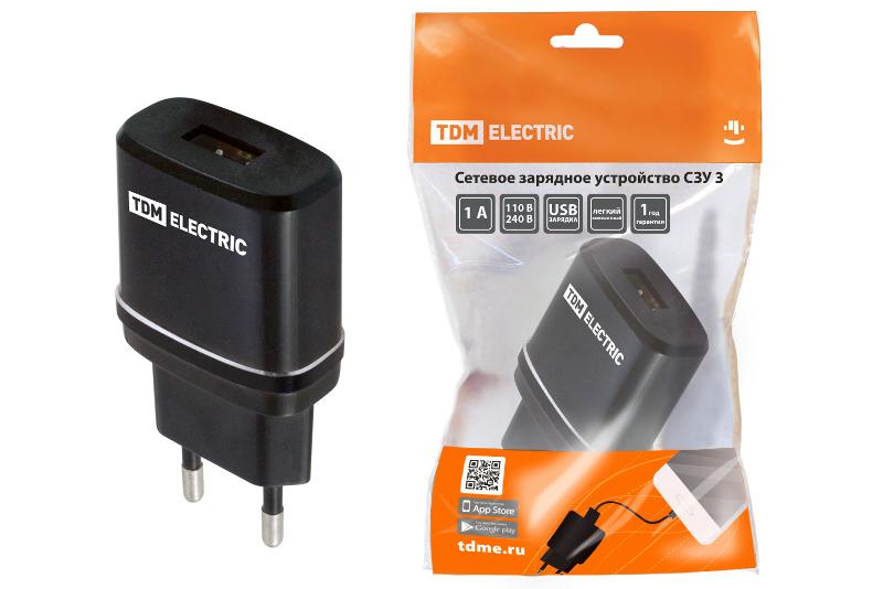 Сетевое зарядное устройство, СЗУ 3, 2,1 А, 1 USB, черный, | SQ1810-0011 | TDM — TDM ELECTRIC
