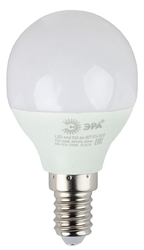 Лампа cветодиодная ECO LED P45-6W-827-E14 (диод, шар, 6Вт, тепл, E14) (10/100/4000) | Б0020626 | ЭРА — миниатюра 3