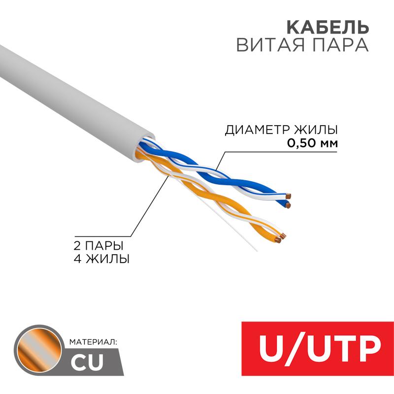 Кабель витая пара U/UTP, CAT 5e, PVC, 2PR, 24AWG, INDOOR, SOLID, серый, 305м, РФ | 01-0023-R | REXANT — фото 1 | Sento