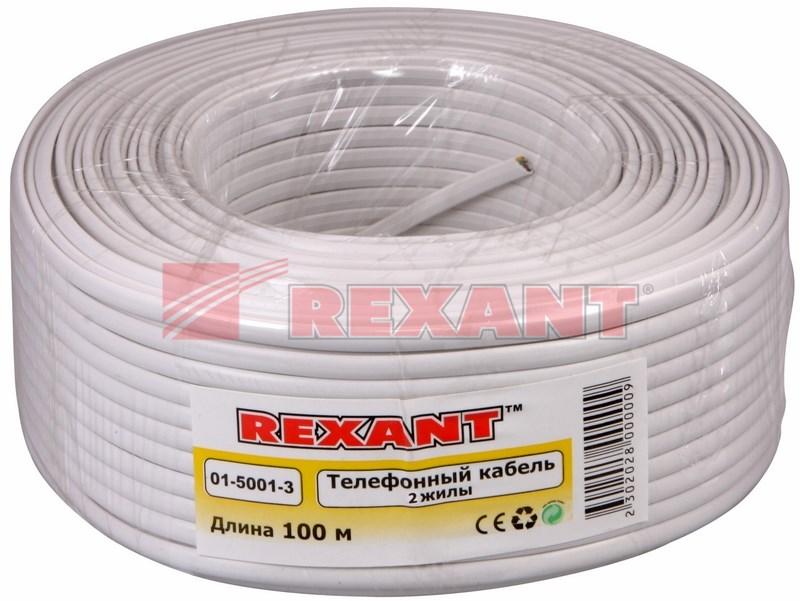Телефонный кабель ШТЛП 2 жилы CCA, белый, бухта 100м | 01-5001-3 | REXANT — миниатюра 2