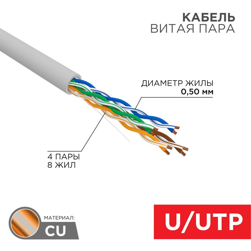 Кабель UTP 4PR 24AWG, CU (медь), CAT5e, 100 МГц, PVC, серый, бухта 50 м | 01-0043-50 | REXANT — REXANT