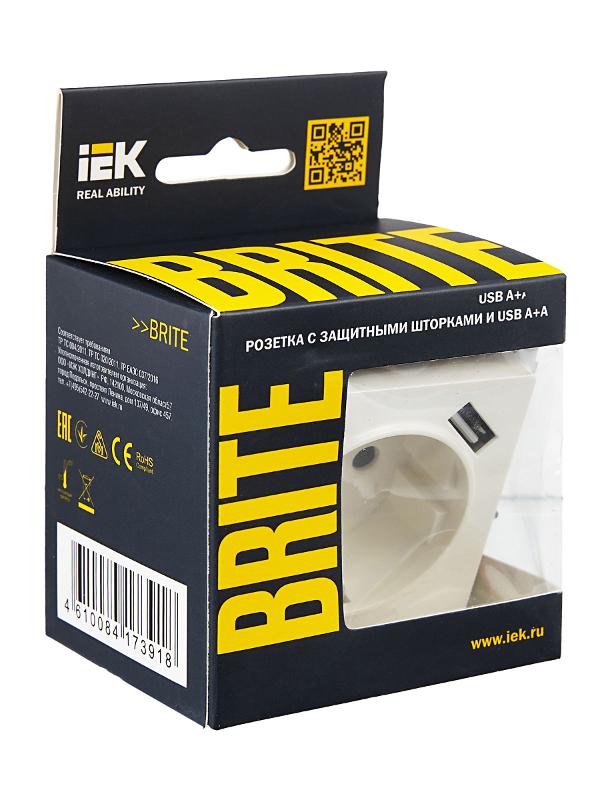 BRITE Розетка с заземлением со шторками 16А с USB A+A 3,1А РЮш10-2-БрБ белый | BR-R14-16-U21-D31-K01 | IEK — миниатюра 7