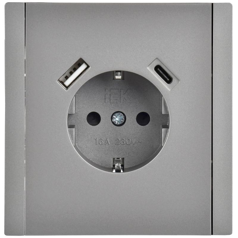 FORTE&PIANO Розетка с заземлением, со шторками в/к 16А USB A+C 18Вт FP547 сталь | FP-R14-16-U22-018-K46 | IEK — миниатюра 2