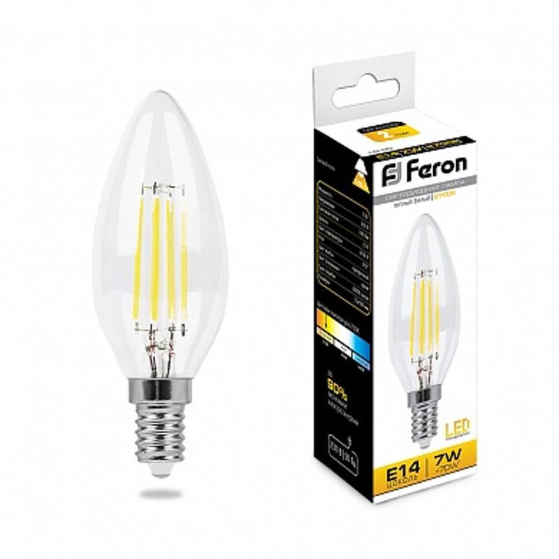 Лампа светодиодная LB-66 (7W) 230V E14 2700K филамент C35 прозрачная | 25726 | FERON — Feron