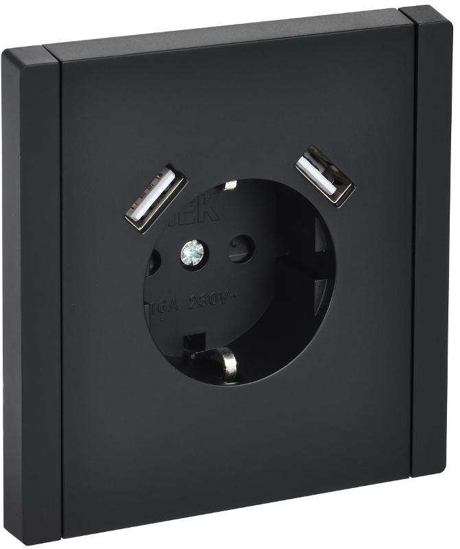 FORTE&PIANO Розетка с заземлением, со шторками в/к 16А USB A+A 3,1А FP145 черный | FP-R14-16-U21-D31-K02 | IEK — миниатюра 1