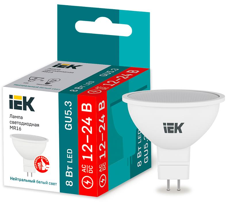 Лампа светодиодная LED MR16 софит 8Вт 12-24В 4000К GU5,3 | LLE-MR16-08-12-24-40-GU5 | IEK — IEK (ИЭК)