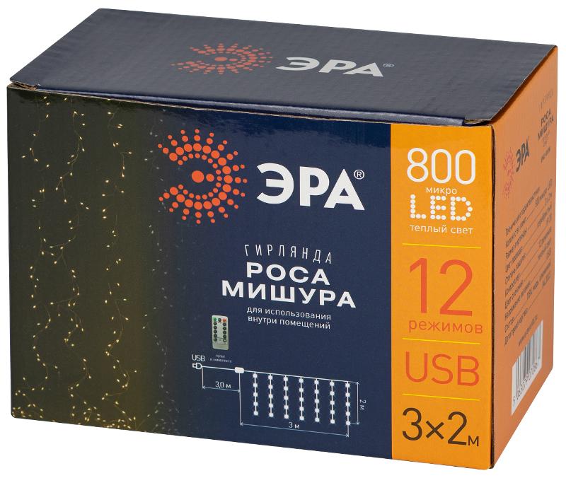 Светодиодная новогодняя гирлянда  ENIZ-800W занавес Роса-мишура 3*2 м теплый свет 800 microled IP20 | Б0060421 | ЭРА — миниатюра 2