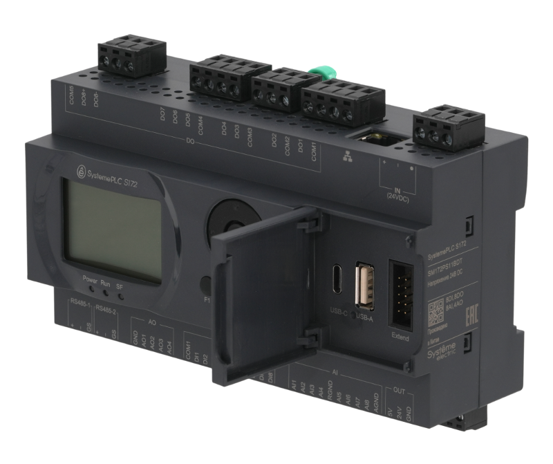 ПЛК S172; 24 VDC; дисплей; 28 IO: 8 DI, 8 DO (транзистор), 8 AI, 4 AO; 2xRS485, 1xRJ45 | SM172PS11BDT | SE — миниатюра 2