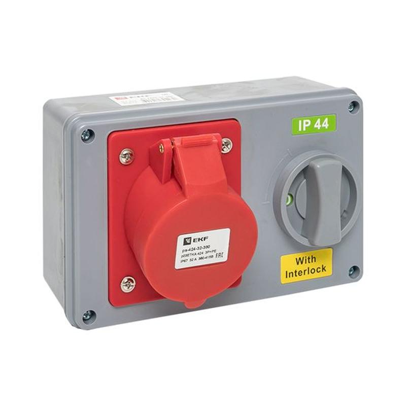 Розетка с блокировкой и выключателем 1424 3Р+РЕ 32А 380В IP44 EKF | ps-1424-32-380 | EKF — миниатюра 1