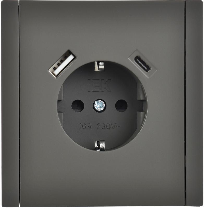 FORTE&PIANO Розетка с заземлением, со шторками в/к 16А USB A+C 18Вт FP347 серый | FP-R14-16-U22-018-K03 | IEK — миниатюра 2