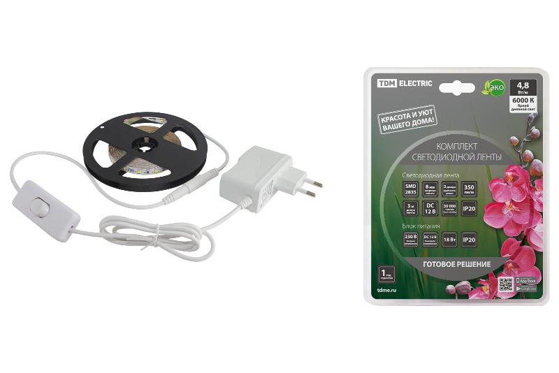 Комплект светодиодной ленты SMD2835-60 LED/м-12 В-4,8 Вт/м-IP20-6000 К (3 м), 18 Вт  | SQ0331-0224 | TDM — фото 1 | Sento