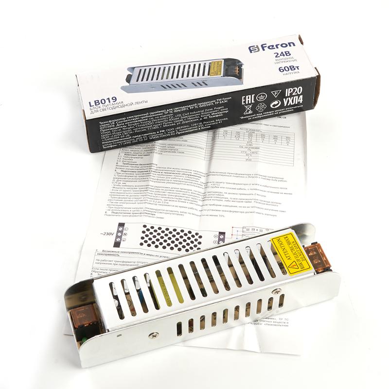 Трансформатор электронный для светодиодной ленты 60W 24V (драйвер), LB019 FERON | 48046 | FERON — миниатюра 6