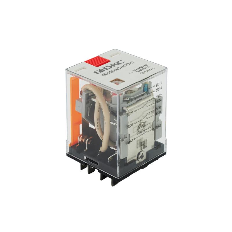 Реле миниатюрное силовое, 3CO, ком. ток 16А, AgSnO2, напряжение 24V AC, опция: тест-кнопка+светодиод | IR-24AC-3CO-D | DKC — миниатюра 3
