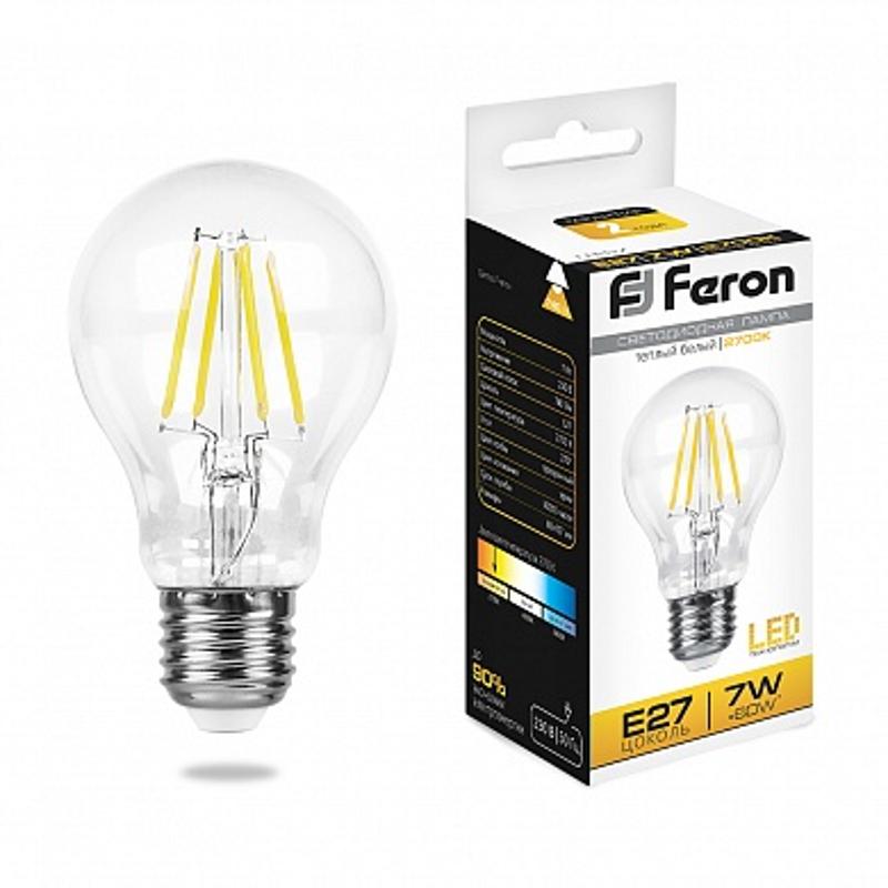 Лампа светодиодная LB-57 (7W) 230V E27 2700K филамент A60 прозрачная | 25569 | FERON — Feron
