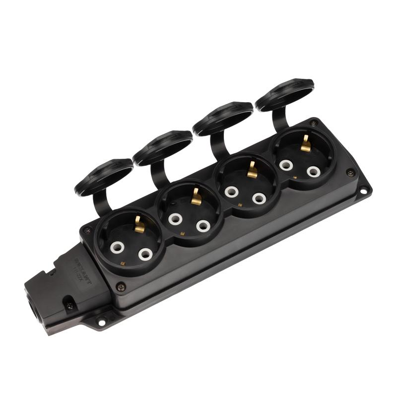 Розетка (колодка) влагозащищенная с крышкой 4 гнезда COMPACT, с/з, 16А, IP54, каучук, черная | 111-224 | REXANT — REXANT