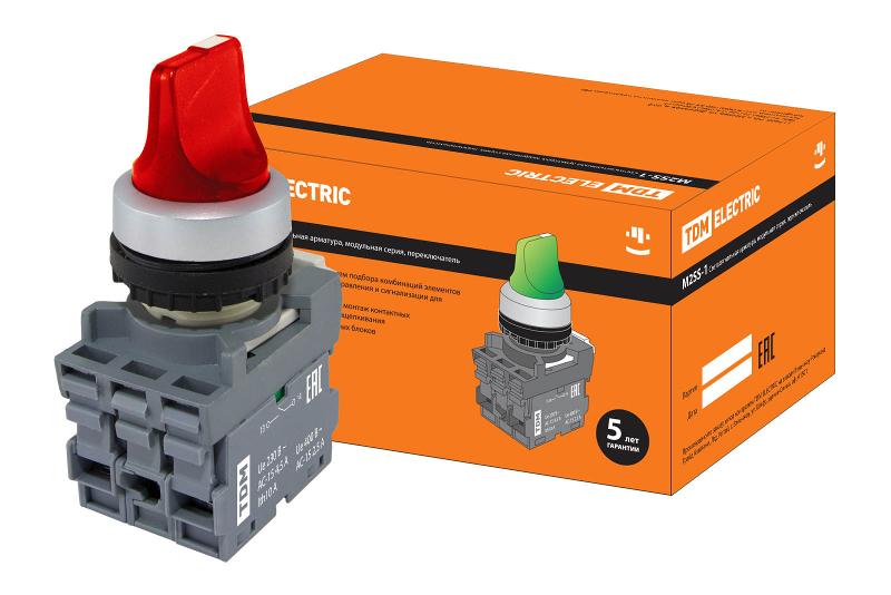 Переключатель на 2 положения с фиксацией M2SS1-21R короткая ручка(LED) d22мм/220B 1з+1р красный | SQ0747-0070 | TDM — TDM ELECTRIC