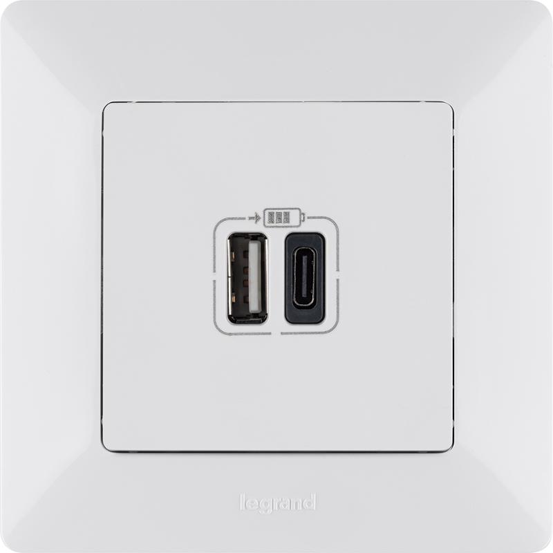 Valena LIFE Белый Зарядное устройство с 2-мя USB-разьемами тип А-тип С 240В/5В 3000мА С лицевой панелью — миниатюра 3