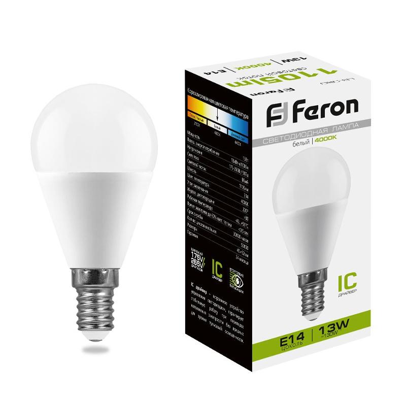 Лампа светодиодная, (13W) 230V E14 4000K G45, LB-950 | 38102 | FERON — Feron