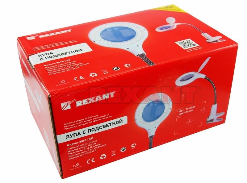 Лупа настольная 3D+12D с подсветкой 60 LED, прищепка, белая | 31-0244 | REXANT — миниатюра 2