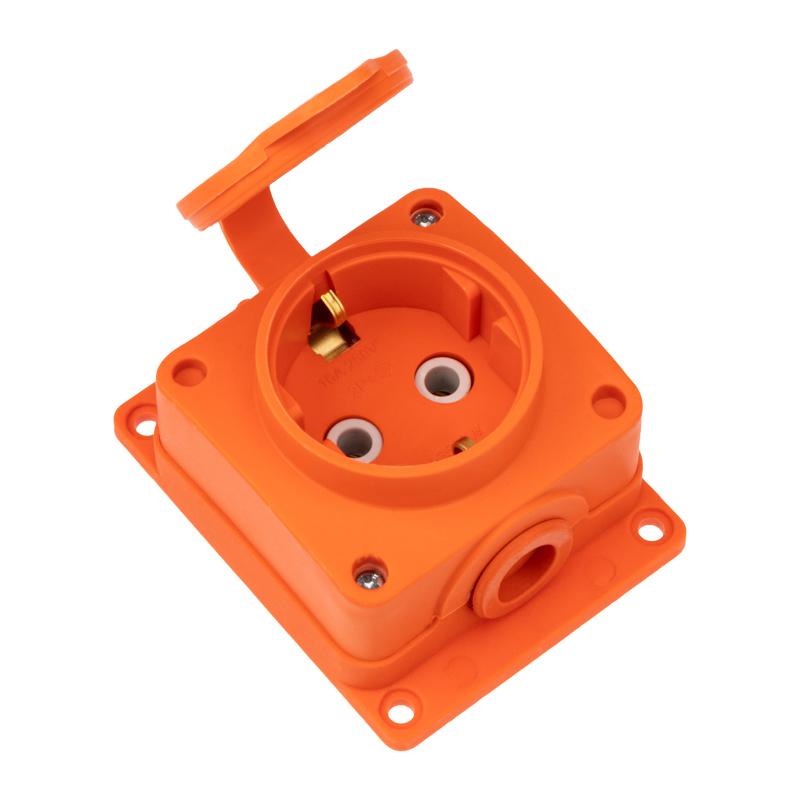 Розетка (колодка) влагозащищенная с крышкой 1 гнездо COMPACT, с/3, 16А, IP54, каучук, оранжевая | 111-225 | REXANT — REXANT