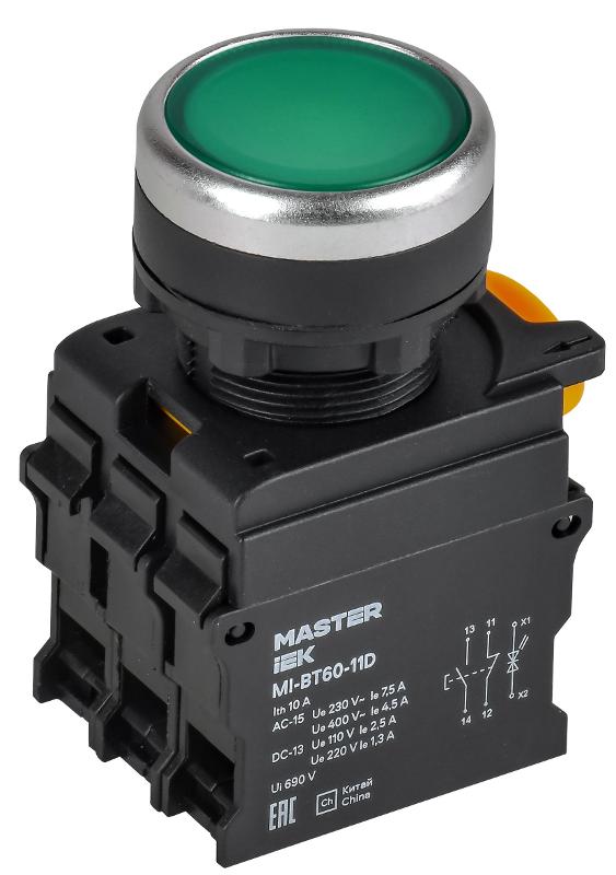 Кнопка с подсветкой d=22мм 1NO+1NC зелёная MASTER | MI-BT60-11D-3-12-K06 | IEK — IEK (ИЭК)