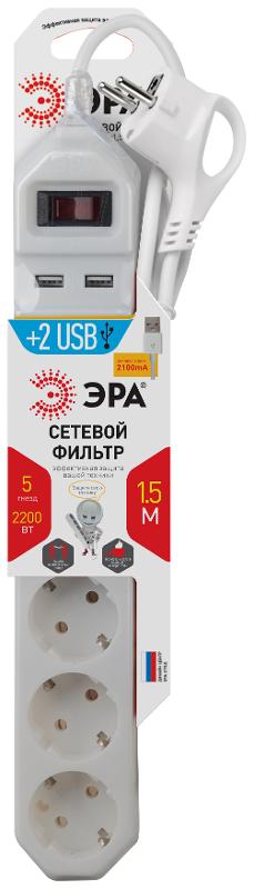 Сетевой фильтр USF-5es-1.5m-USB-W   (белый) с заземл, 3x0,75мм2, с выкл, 5гн+2USB, 1.5м (20/600) |Б0019037 | ЭРА — миниатюра 2