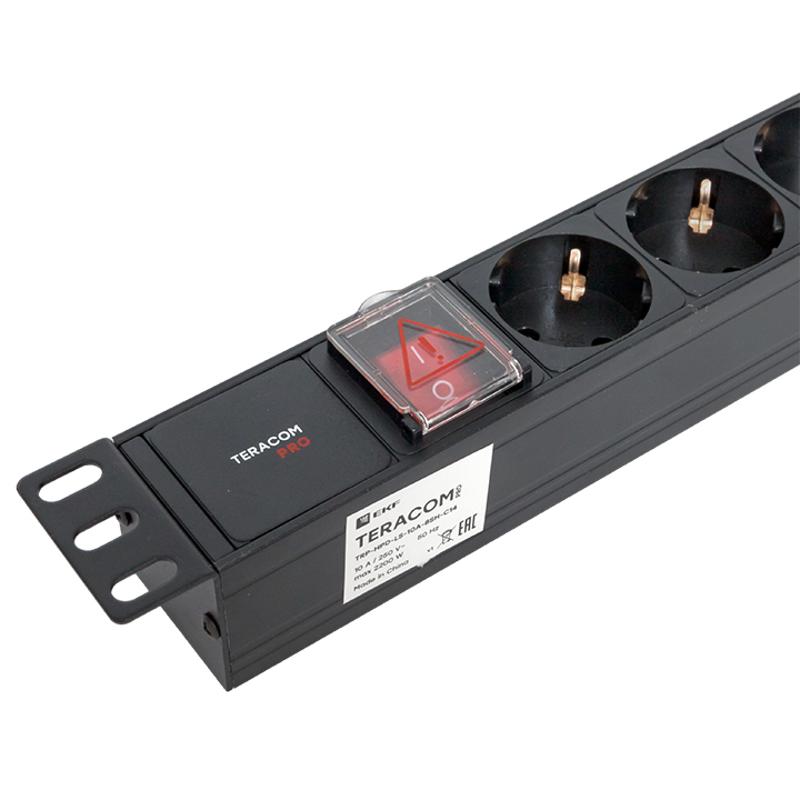 Блок розеток PDU TERACOM PRO 19" 1U 10А/250В 8 розеток Schuko с выключателем разъем C14 | TRP-HPD-LS-10A-8SH-C14 | EKF — миниатюра 10