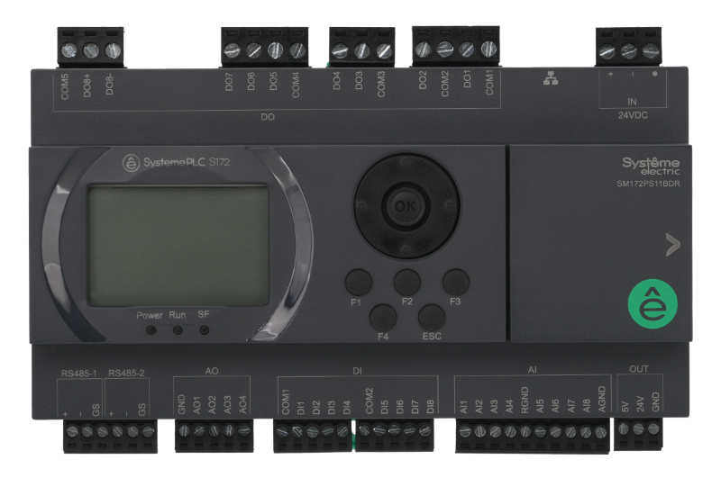 ПЛК S172; 24 VDC; дисплей; 28 IO: 8 DI, 8 DO (реле), 8 AI, 4 AO; 2xRS485, 1xRJ45 | SM172PS11BDR | SE — Systeme Electric