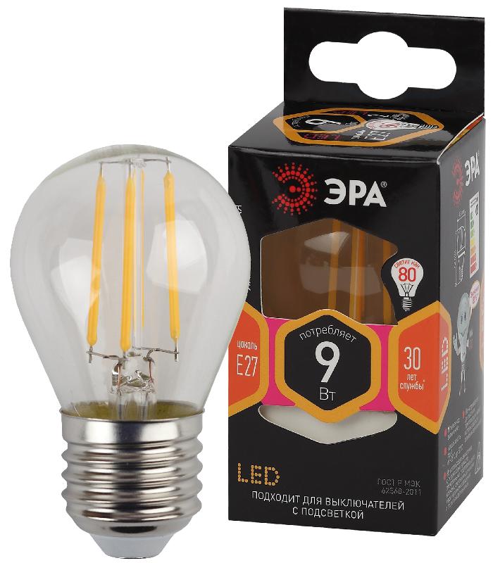 Лампа светодиодная F-LED P45-9w-827-E27 (филамент, шар, 9Вт, тепл, E27) | Б0047023 | ЭРА — миниатюра 1