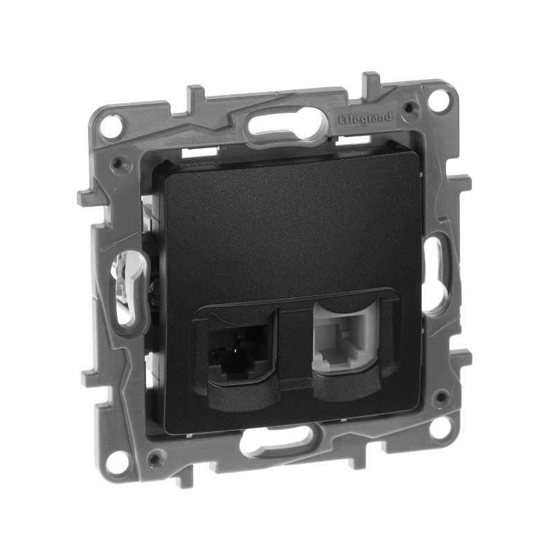 Etika Антрацит Розетка телефонная + компьютерная (RJ11+RJ45) 5 кат. UTP | 672652 | Legrand; замена на арт. ИЭК 6726521 — Legrand
