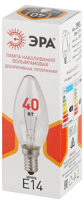 Лампа накаливания  B36 40Вт Е14 / E14 230В  свечка прозрачная | Б0066509 | ЭРА — миниатюра 2