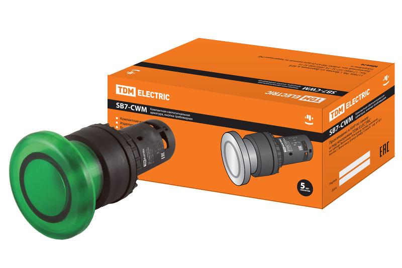 Кнопка грибовидная SB7-CWM31-24V(LED) d35мм 1з зеленая | SQ0746-0050 | TDM — фото 1 | Sento